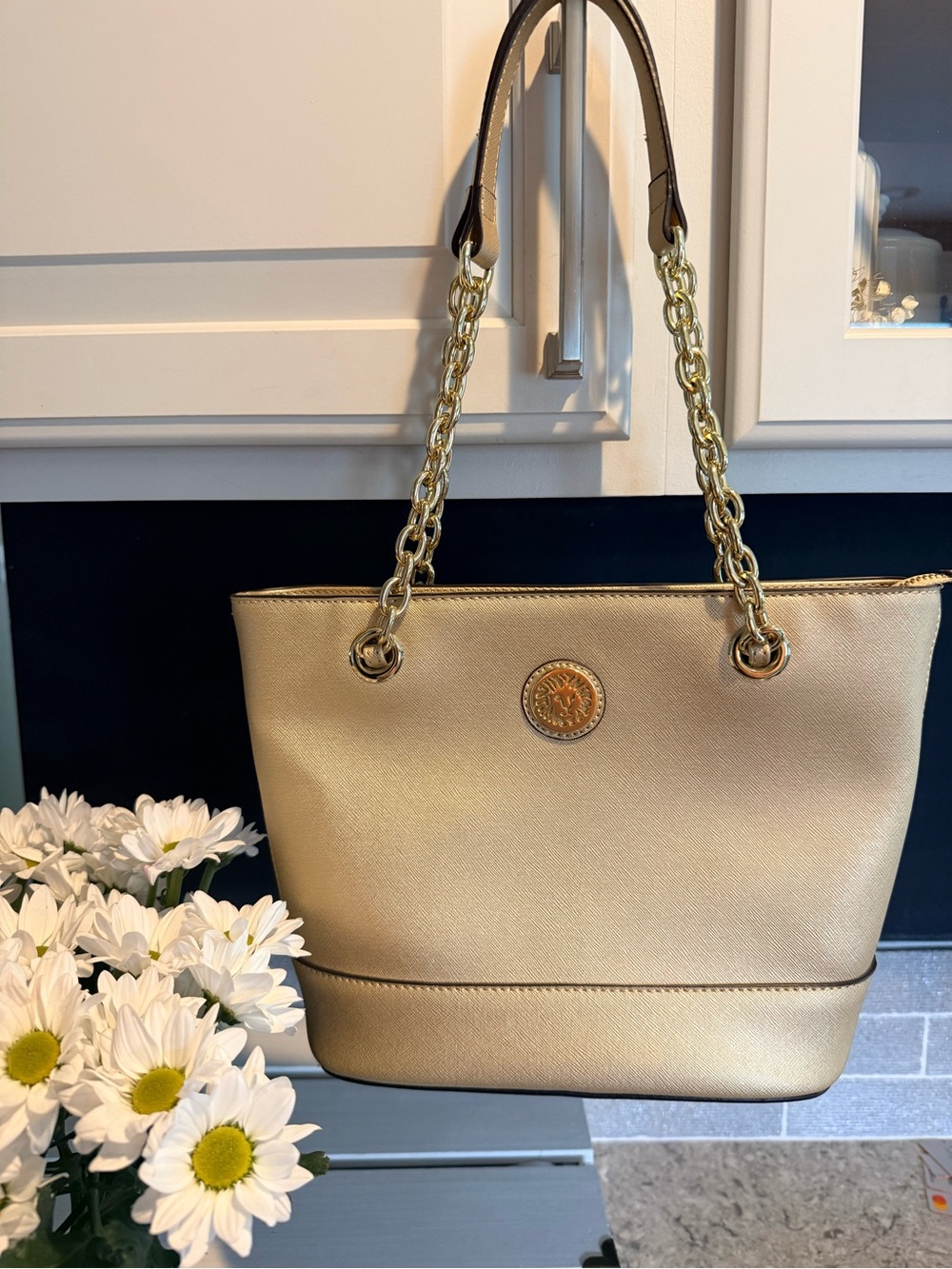 Anne Klein Metallic Gold Chain-Handle Shoulder purse